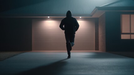 Obraz premium Burglar running away from a suburban home at night, illuminated by soft outdoor lights, creating a tense and dramatic atmosphere of escape