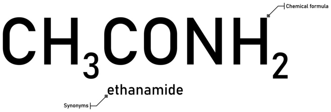 Ethanamide chemical formula with callout titles