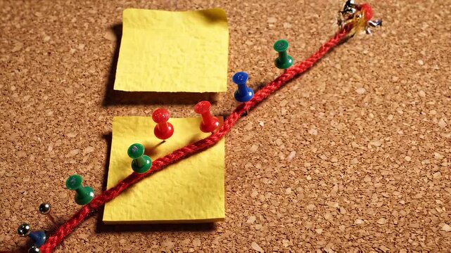 Red string pinned to corkboard with push pins and a yellow sticky note