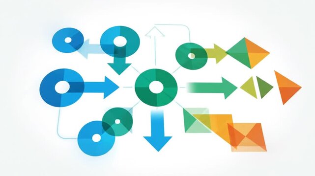 Animated flowchart and diagram with arrows and circles in shades of blue and green