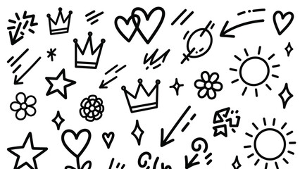 Collection of hand-drawn doodle icons including crowns, hearts, stars, arrows, and flowers in outline illustration