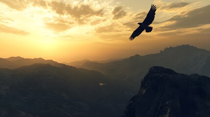 Silhouette of a majestic eagle soaring high above rugged mountain peaks during a dramatic and vibrant golden sunset in the wilderness