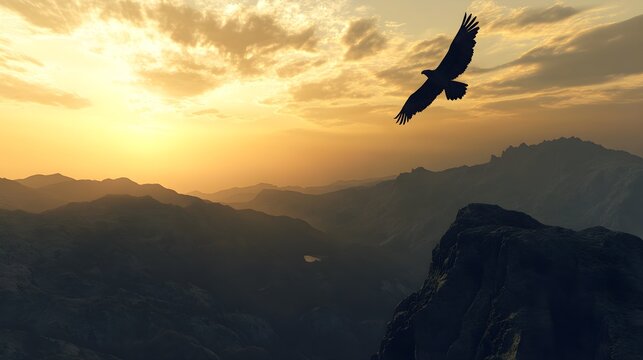 Silhouette of a majestic eagle soaring high above rugged mountain peaks during a dramatic and vibrant golden sunset in the wilderness