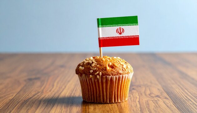 Cupcake with white frosting and colorful sprinkles topped with Iranian flag on wooden surface.