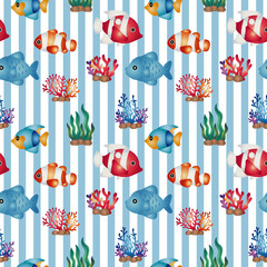 Seamless Pattern of Fish and Corals Wallpaper Hand Drawn Style