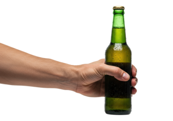 a tanned caucasian man's hand, mid-30s, grips a frosted dark green, unlabeled beer bottle with condensation and a gold cap, isolated on transparent with professional rim lighting. Concept for beverage