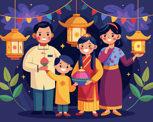 A family celebrating a traditional festival at home, glowing lanterns, colorful ethnic attire
