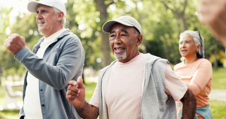 Fototapeta premium Cardio, exercise class and smile of old man in garden for health or wellness as group. Fitness, training and workout with happy senior people outdoor for challenge, dedication or performance
