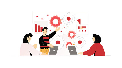 Team collaboration and innovative business strategy planning with gears and graphs