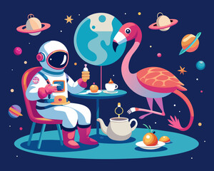 A vintage-style astronaut having a tea party on the moon with a pink flamingo, retro-futurism, 1960s aesthetic, playful and absurd.