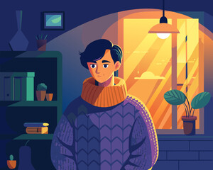 A person wearing a chunky, oversized knit sweater in a cozy room.