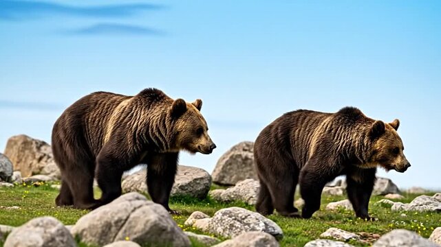 Brown bears walking through grassy meadow under clear sky in wilderness
