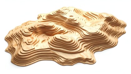 Wooden topographic model of a landmass with layered contours, isolated on white
