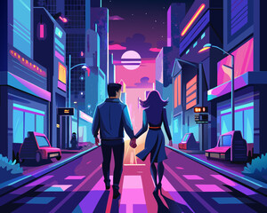 First-person POV of two people holding hands while walking through a busy city street at night