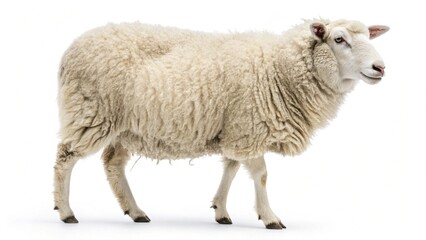 Fototapeta premium A flock of white sheep and young lambs stands together on a green spring pasture, showcasing the woolly livestock of a traditional farm meadow