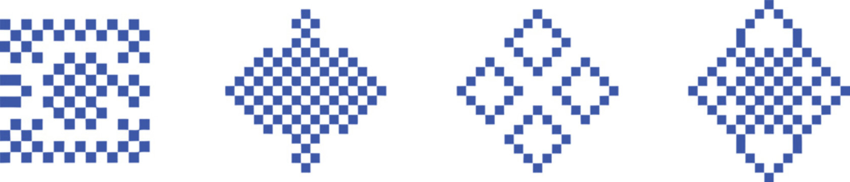 Four blue and white pixelated geometric patterns