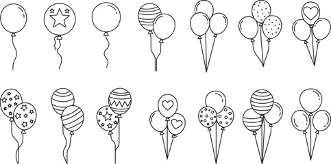 Decorative balloon vector icon set featuring party balloons, celebration clusters, festive designs, star patterns, hearts, and event decorations © MdAbdul