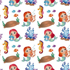Watercolor Mermaid and Sea Life Pattern on Black Wallpaper Illustration