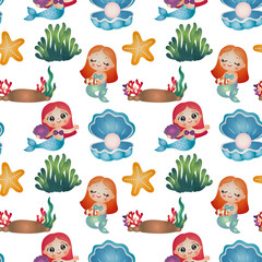 Mermaid and Sea Life Seamless Pattern Wallpaper Illustration Watercolor Hand Drawn Style