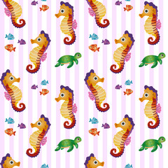 Seamless Pattern With Sea Animals and Stripes Wallpaper Illustration Watercolor Hand Drawn Style