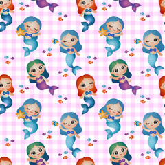 Seamless Pattern of Cartoon Mermaids on Checkered Background Wallpaper Hand Drawn Style