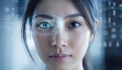 Close-up portrait of a woman and eye scan. the concept of biometrics, new technologies.
