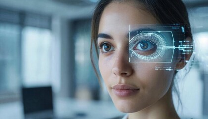 Close-up portrait of a woman and eye scan. the concept of biometrics, new technologies.