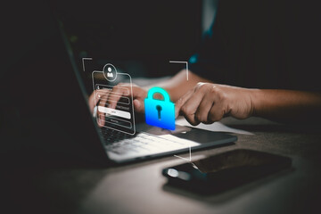 User logging into computer with digital security interface and lock icon concept