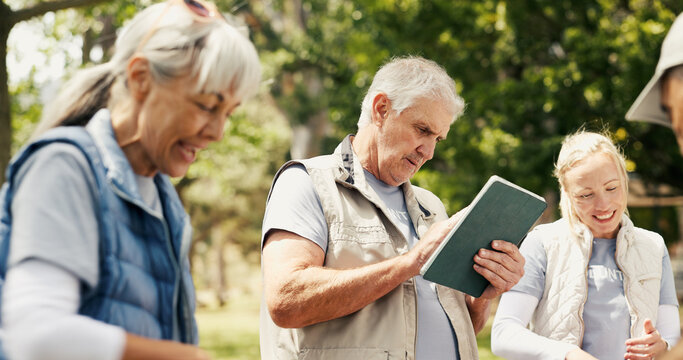 People, volunteer and tablet outdoor for charity, online checklist and community service. Team, mature man and digital with donation inventory, humanitarian outreach and non profit schedule for event