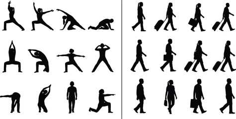 Black Silhouette Vector Set of People Practicing Yoga Poses and Travelers Walking with Suitcases Isolated on a White Background for Design