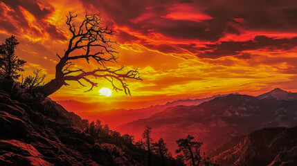 Dramatic sunset over rugged mountains with a silhouetted dead tree on a rocky cliff
