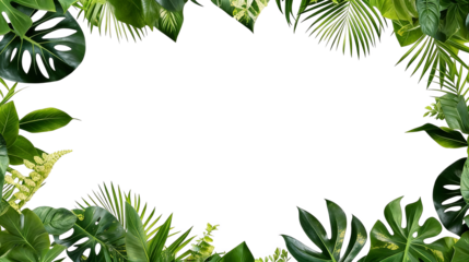 A vibrant tropical green leaf frame, featuring monstera, palm, and fern leaves. Ideal for nature-themed designs, backgrounds, or botanical projects.