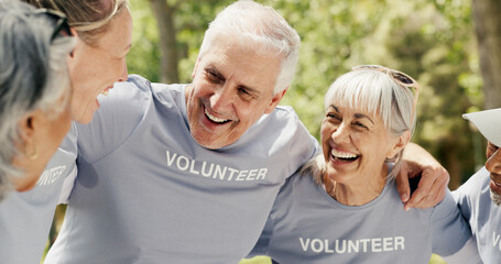 Senior people, volunteer and huddle at park for community service, non profit and laugh together. Charity group, elderly team and hug for collaboration, social responsibility and funny joke outdoor