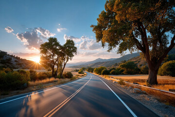 Scenic road winding through picturesque landscape, surrounded by trees and mountains, illuminated by warm sunset glow
