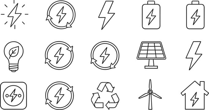 Minimal clean energy and electricity icon set featuring renewable power, battery storage, recycling, solar panel, wind turbine, and eco symbols