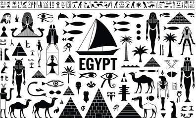 Ancient Egyptian symbols and landmarks with sailboat and pyramids