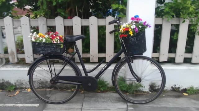 Bicycle with flower baskets parked near white picket fence outdoors