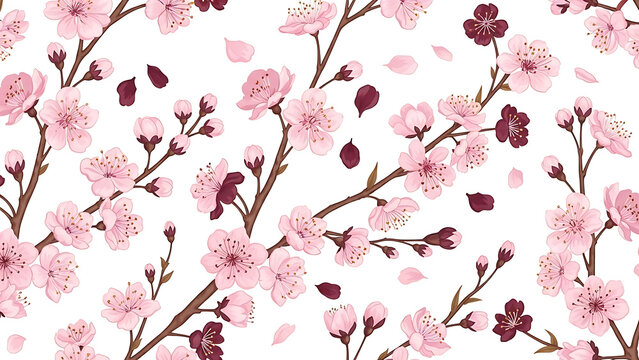 Soft cherry blossom seamless pattern with pink flowers and branches, romantic spring background