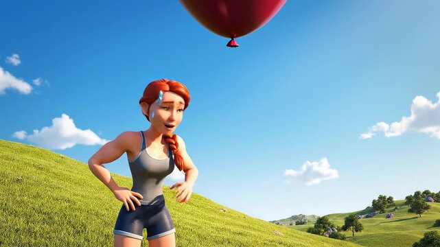 Scared woman observing a giant glowing red balloon floating dangerously above a green hill