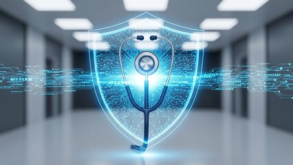 Glowing blue shield with stethoscope on transparent background cybersecurity and healthcare concept