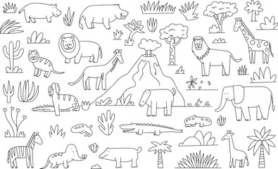 Black and white of various animals and plants jungle