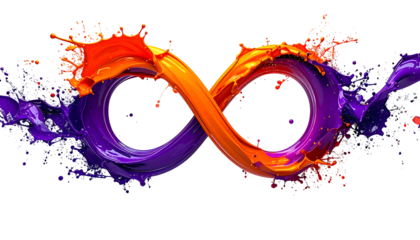Fluid orange and purple paint splatters form an infinity symbol against a black background