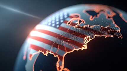 Globe with illuminated United States flag overlay, showcasing a digital representation of the world, emphasizing global connectivity and patriotism