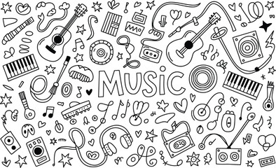 Black and white music-themed doodle with various instruments and symbols
