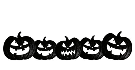 Five black silhouettes of Jack-o'-lanterns with spooky faces, isolated on white. Represents Halloween, autumn, and festive decoration themes with carved pumpkin designs.