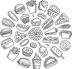 Black and white of various food arranged in a circular pattern