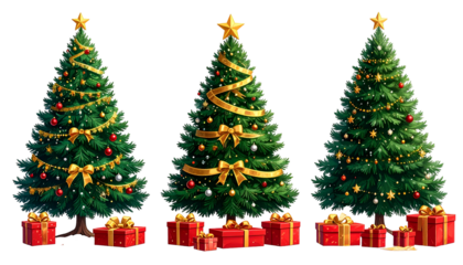 Three decorated green Christmas trees with golden stars, lights, and red gifts