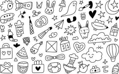 Cute black and white doodle with various and animals