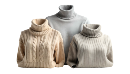 Three neutral-toned turtleneck sweaters stand together, showcasing knit details, on a black background