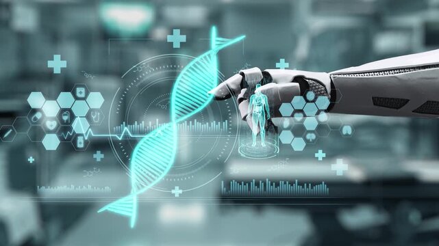 Close up of robotic hand pointing and tapping at DNA hologram with blur laboratory background. Robotic hand clicking at DNA icon to access and connect medical data to diagnosis symptom. Salubrious.